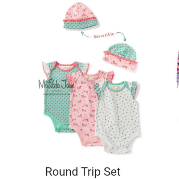 MATILDA JANE 4-PIECE SET 'ROUND TRIP CAMP' REVERSIBLE BODYSUITS & BONNET CLT. - Picture 13 of 16